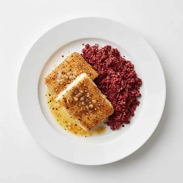 Black Pepper Crumbed Fish With Beetroot Herb Couscous & Tarragon Brown Butter Sauce
